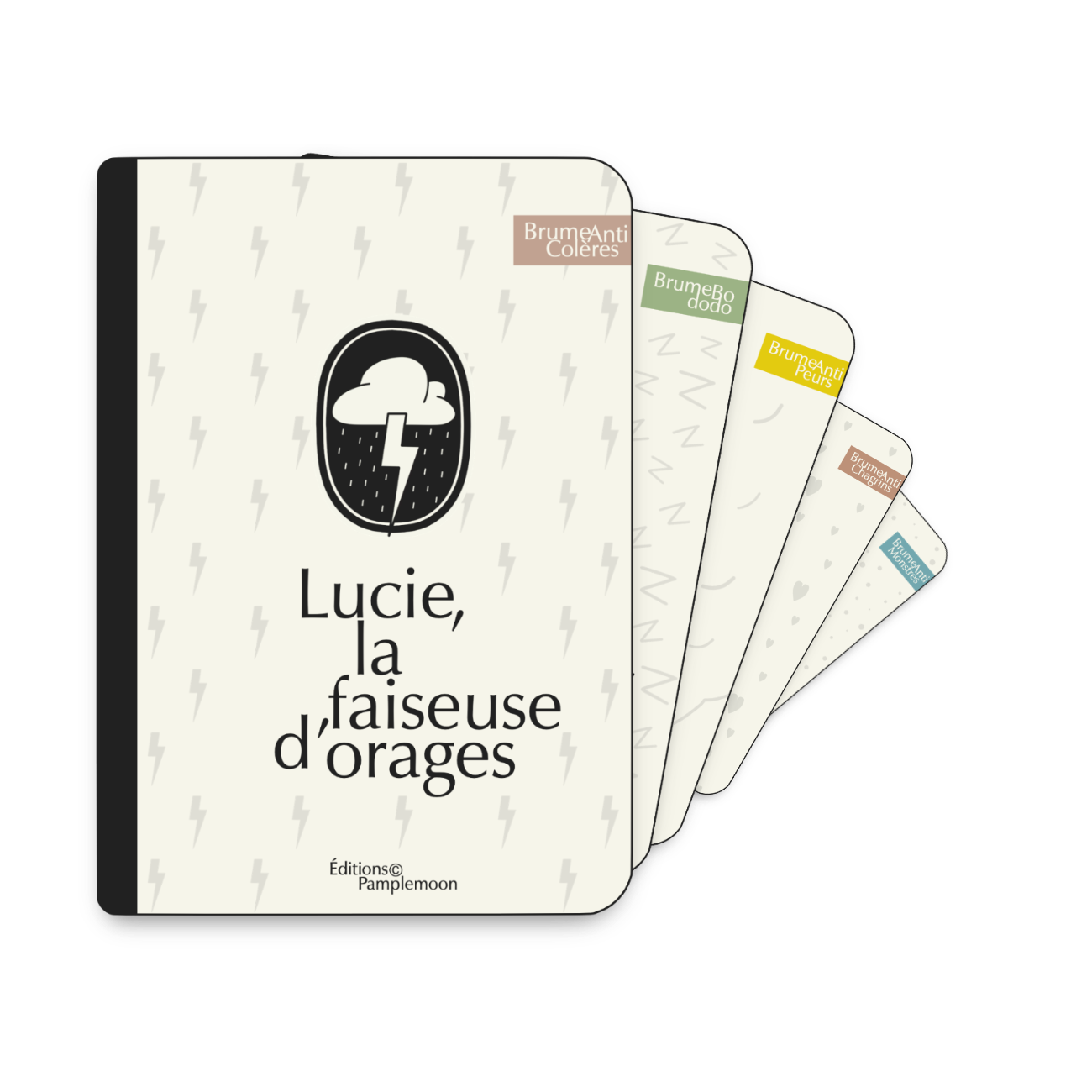 Image représentant les cinq Contes Pamplemoon™ offerts avec les Brumes à Base d'Hydrolat Bio, disposés en éventail ouvert de la gauche vers la droite, avec le Conte Lucie, la Faiseuse d'Orages, au premier plan. 
