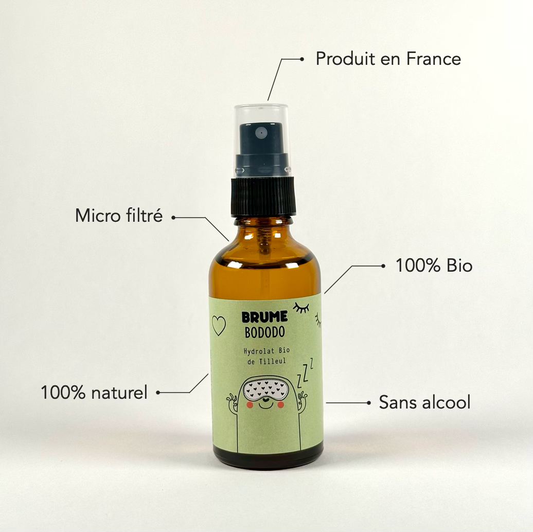 Image d'un Flacon de Brume Bododo à l'Hydrolat Bio de Tilleul pour Enfants, accompagné d'une Infographie sur les Bénéfices, sur fond neutre.