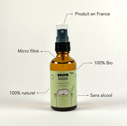 Image d'un Flacon de Brume Bododo à l'Hydrolat Bio de Tilleul pour Enfants, accompagné d'une Infographie sur les Bénéfices, sur fond neutre.