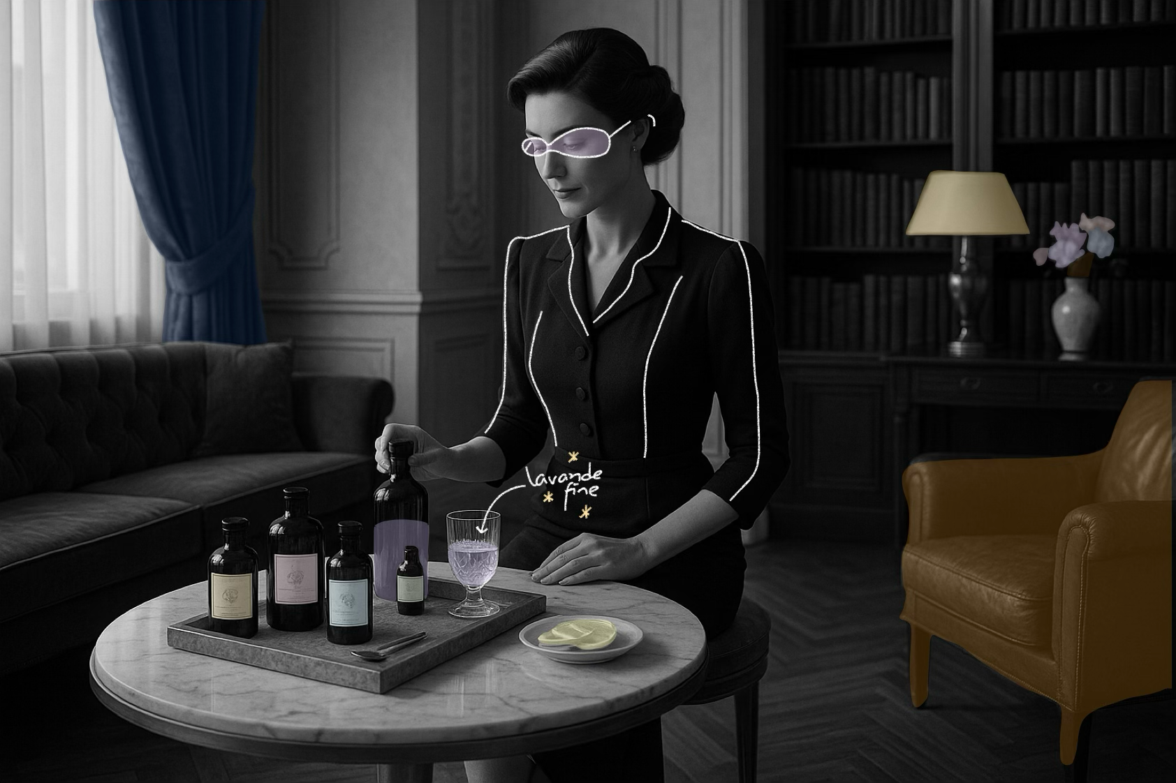 Une femme élégante prépare une boisson à base d'hydrolat dans un verre, sur une table vintage avec flacons et rondelles de citron.