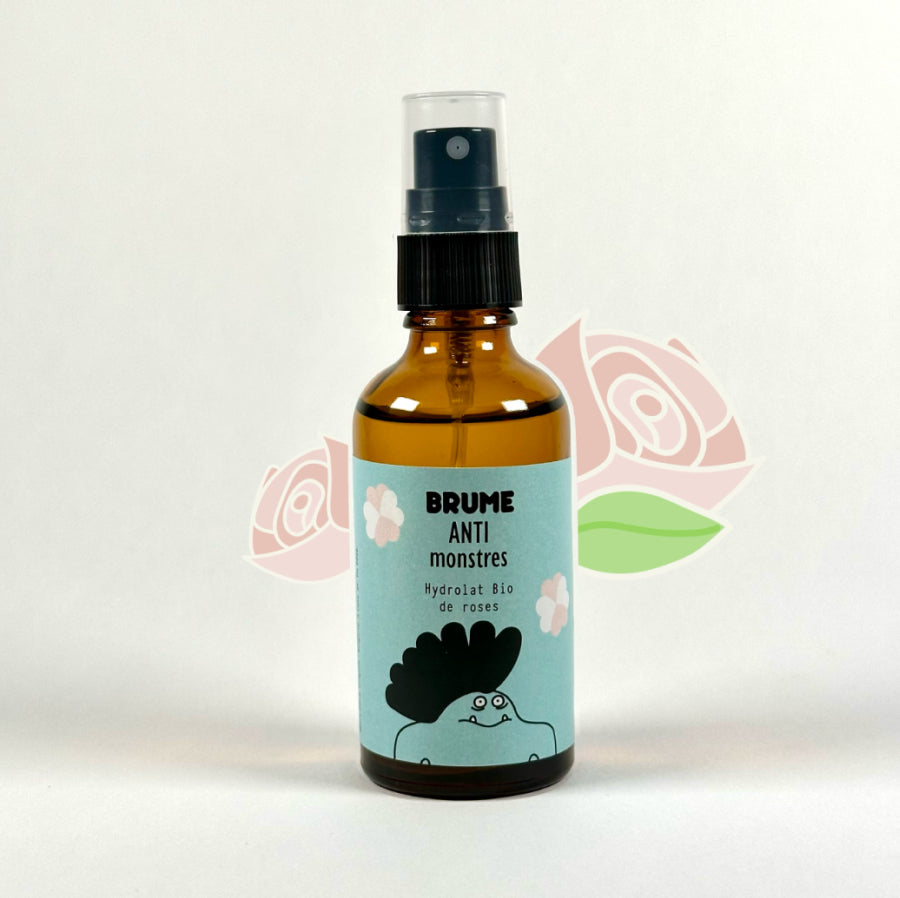 Image de Flacon de Brume Anti-Monstres à l’Hydrolat Bio de Rose, sur fond neutre, avec une illustration de rose.