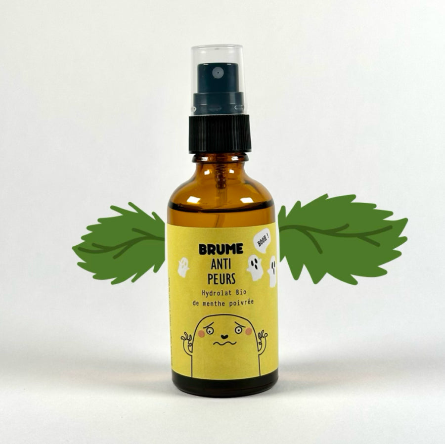 Image de Flacon de Brume Anti-Peurs à l’Hydrolat Bio de Menthe Poirée, sur fond neutre, avec une illustration de menthe poivrée.