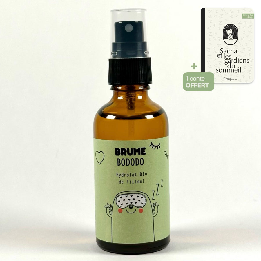Image d'un Flacon de Brume Bododo à l'Hydrolat Bio de Tilleul pour Enfants, sur fond neutre (indiquant, en haut à droite, un conte pour enfants offert — Sacha et les Gardiens du Sommeil).