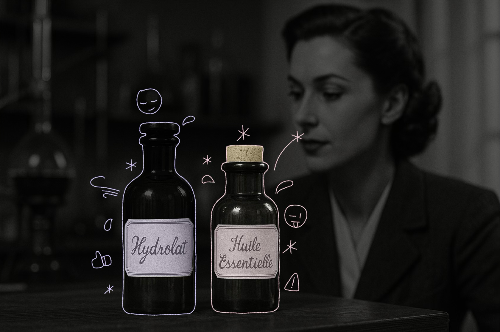Deux flacons anciens étiquetés « Hydrolat » et « Huile Essentielle » posés sur une table en bois, dans un laboratoire vintage avec une femme en arrière-plan.