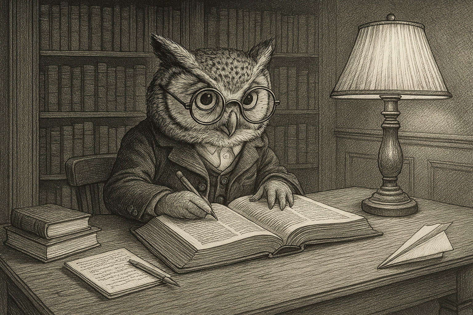 Illustration vintage en noir et blanc d’un hibou en costume, lunettes rondes sur le bec, écrivant dans un grand livre à la lueur d’une lampe, symbole de l’intelligence et de la quête de savoir des enfants HPI.