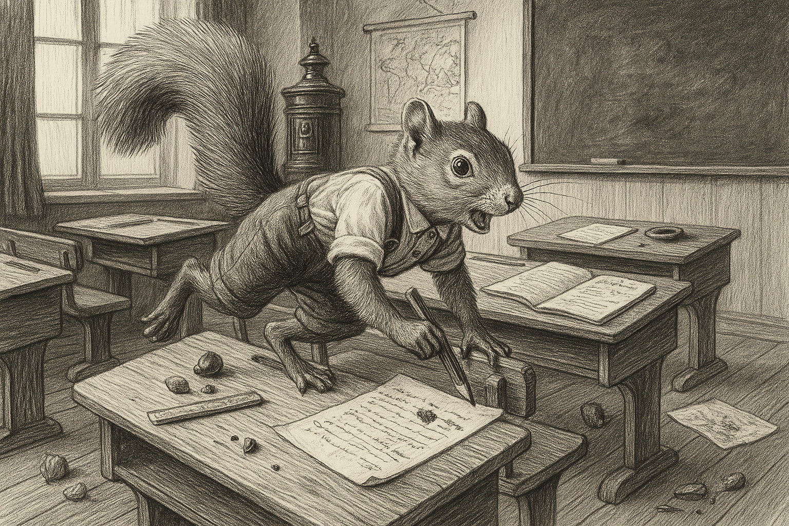 Illustration vintage en noir et blanc d’un écureuil anthropomorphe bondissant sur un bureau d’école, symbole de l’énergie débordante d’un enfant hyperactif.