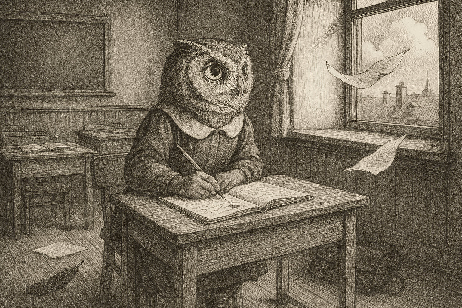 Illustration vintage en noir et blanc d’un hibou élève rêvant par la fenêtre au lieu de se concentrer sur son cahier, symbole du manque d’attention chez l’enfant.