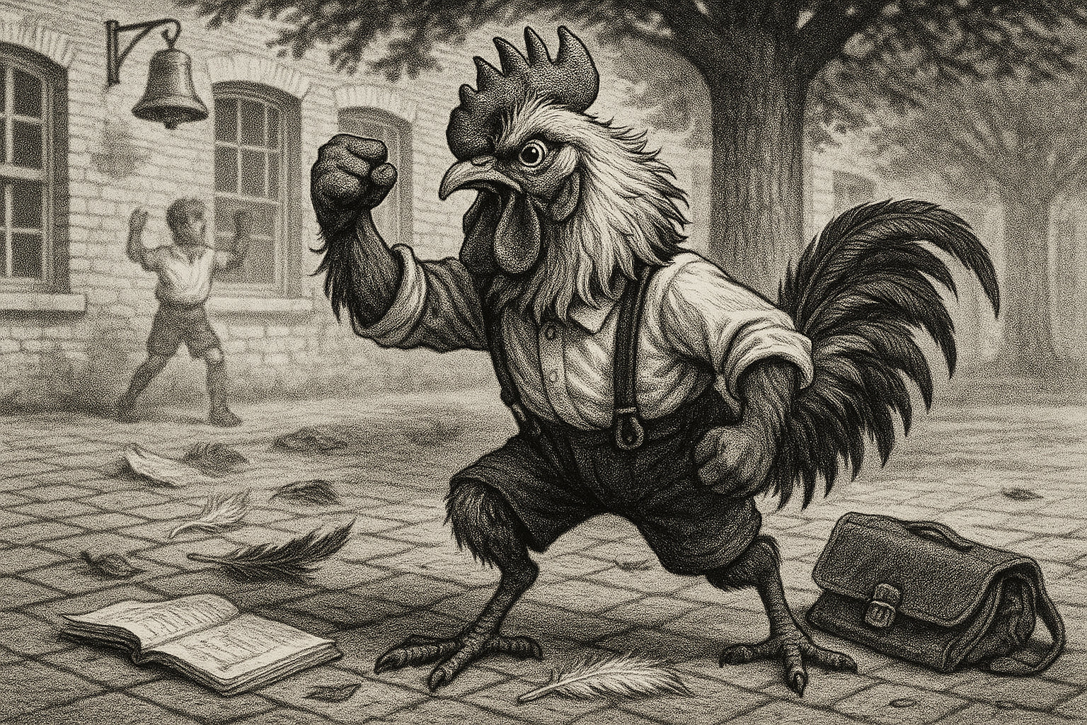 Illustration vintage d’un enfant-coq en colère levant le poing dans une cour d’école, symbolisant la violence physique chez les enfants.