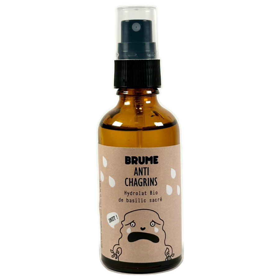 Image représentant un flacon de Brume Anti-Chagrins à l’Hydrolat Bio de Basilic Sacré, sur fond transparent.