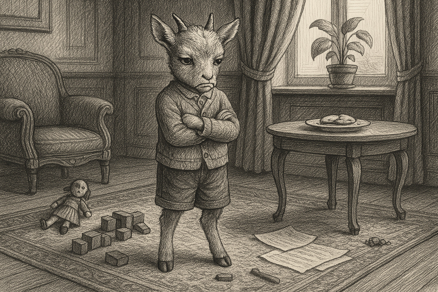 Illustration vintage en noir et blanc d'un jeune chevreau, bras croisés, exprimant la frustration enfantine dans un salon, symbole des colères et apprentissages émotionnels de l’enfance.