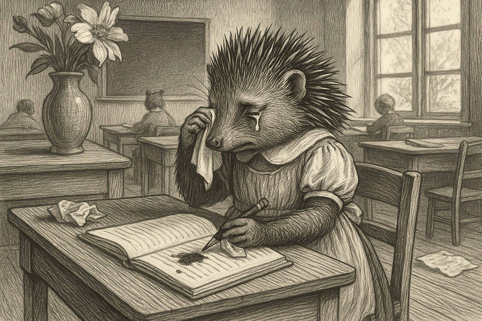 Illustration vintage en noir et blanc d’un enfant-hérisson hypersensible en classe, en larmes devant son cahier, exprimant la fragilité et l’émotion.