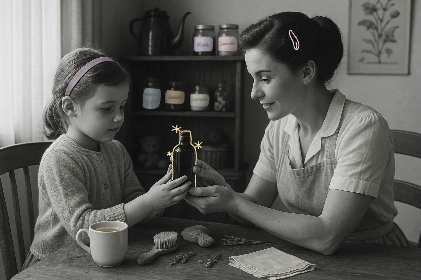 Une mère souriante tend un flacon d’hydrolat scintillant à sa petite fille, dans une ambiance vintage tendre et rassurante.