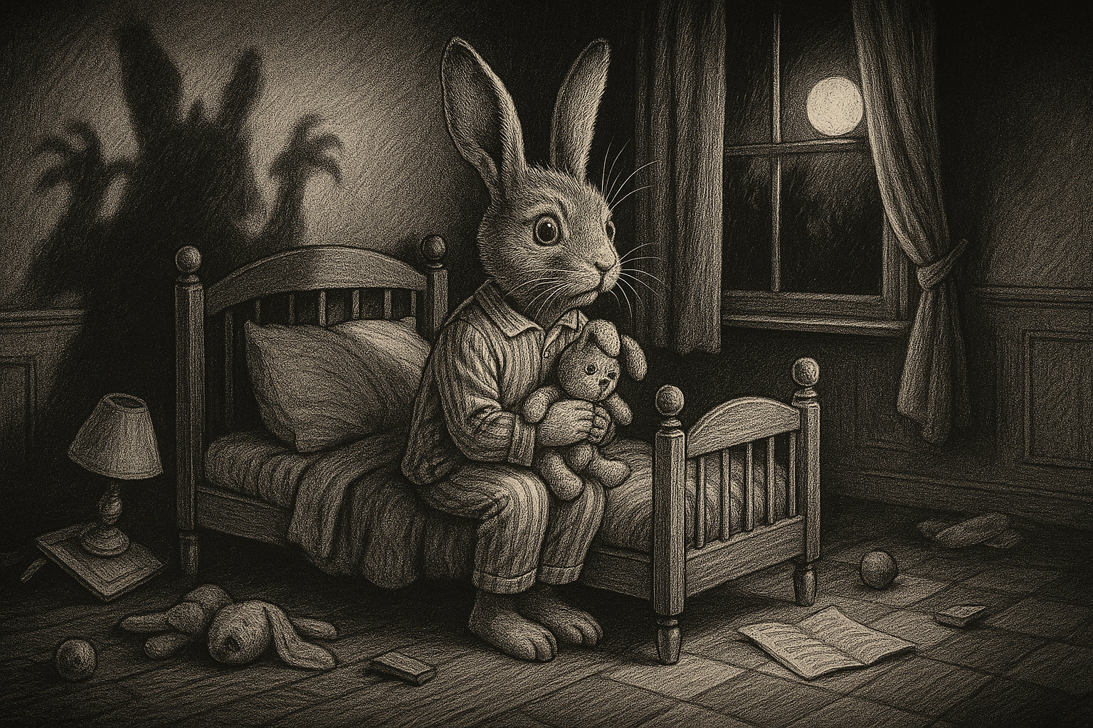 Illustration vintage en noir et blanc d’un enfant-lapin apeuré dans son lit, serrant son doudou, effrayé par une ombre menaçante dans la nuit.
