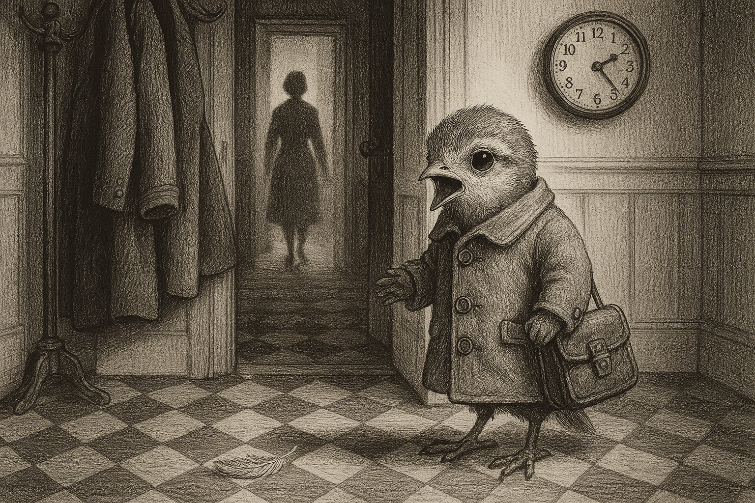 Illustration vintage en noir et blanc d’un enfant-oiseau en manteau, criant de détresse tandis qu’une silhouette maternelle s’éloigne dans le couloir.