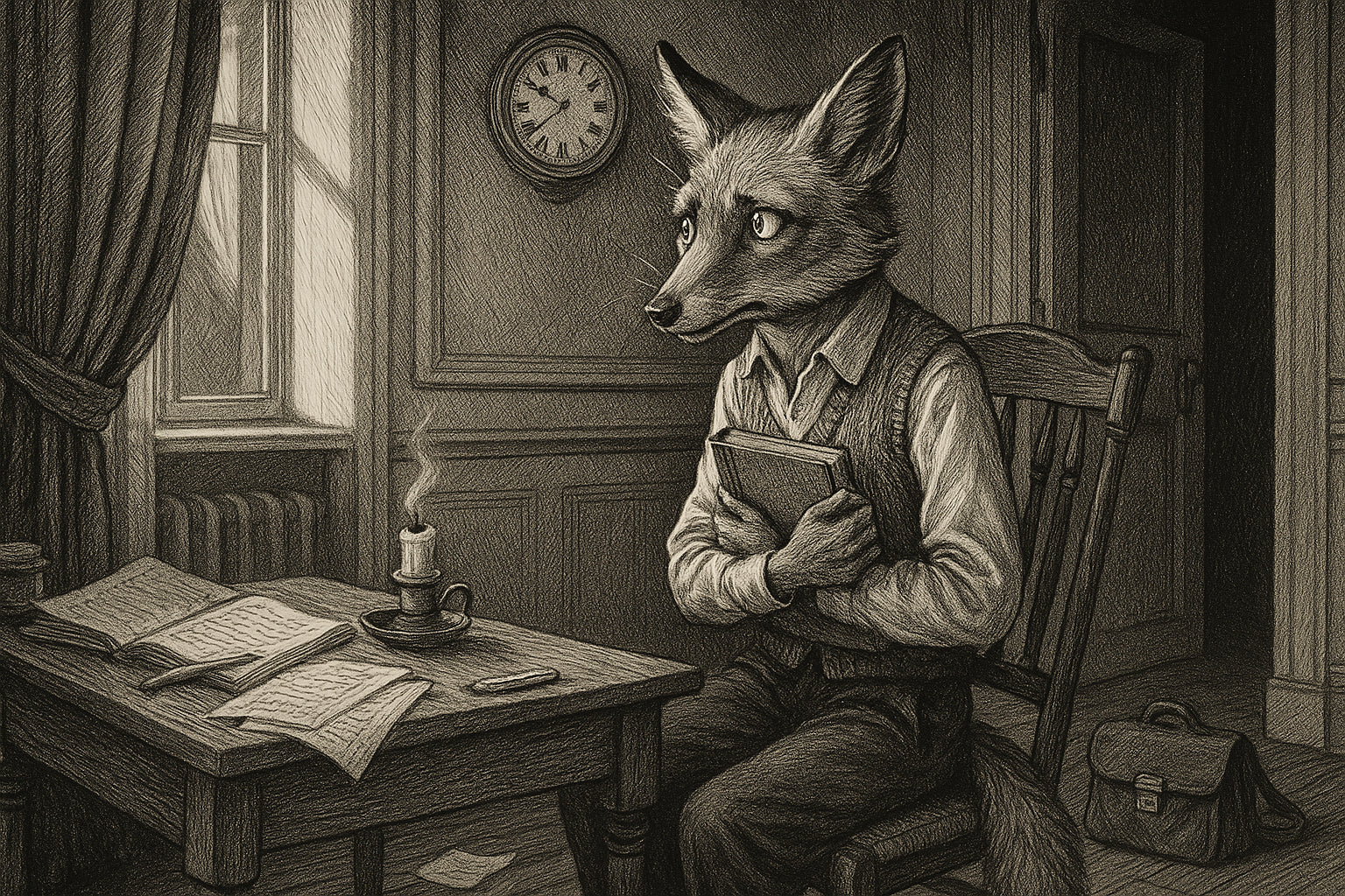 Illustration vintage en noir et blanc d’un enfant-renard anxieux, serrant un livre contre lui dans une chambre sombre, symbole de l’anxiété et des tourments intérieurs.