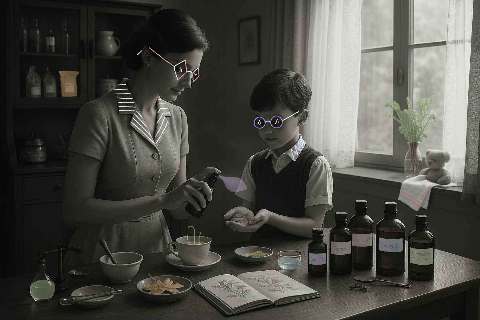 Mère élégante des années 50 vaporisant un hydrolat sur les mains de son fils, dans une scène vintage et poétique mêlant rituel familial, botanique et douceur domestique.