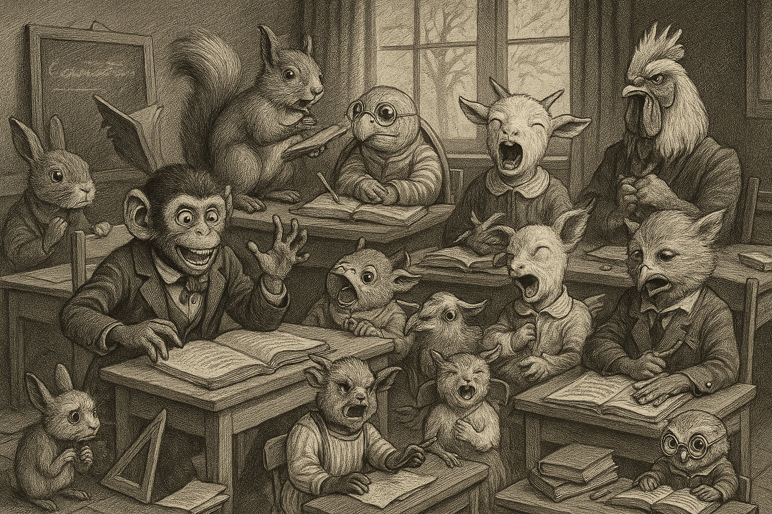 Illustration vintage en noir et blanc d’une salle de classe des années 50 où des animaux anthropomorphes représentent différents troubles du comportement chez l’enfant, dans un désordre poétique.
