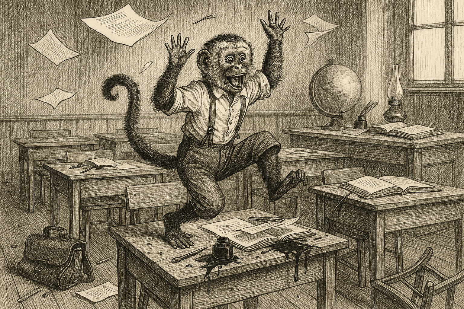 Illustration vintage en noir et blanc d’un singe capucin en habits d’écolier sautant sur une table d’école en désordre, symbolisant le TDAH chez l’enfant.