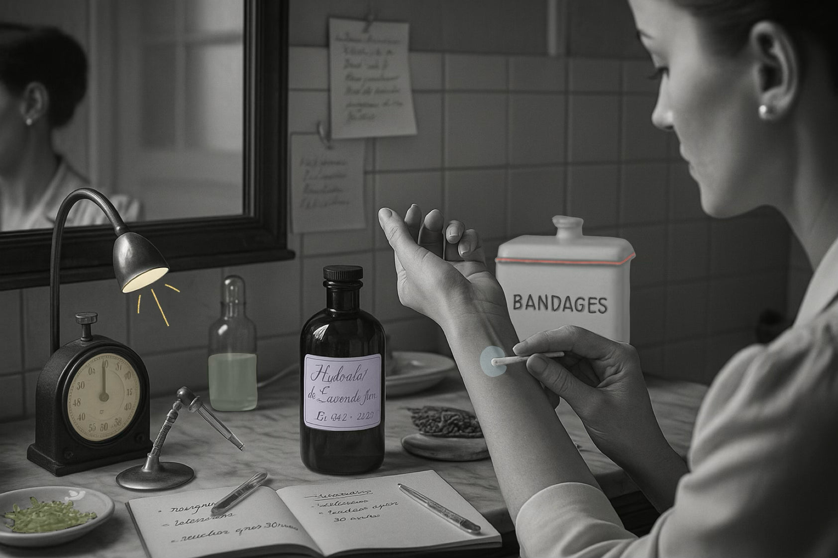 Une femme teste un hydrolat sur son poignet à l’aide d’un coton-tige, dans une salle de bain vintage au décor médicalisé. L’image évoque avec douceur les précautions à prendre pour éviter tout risque allergique.