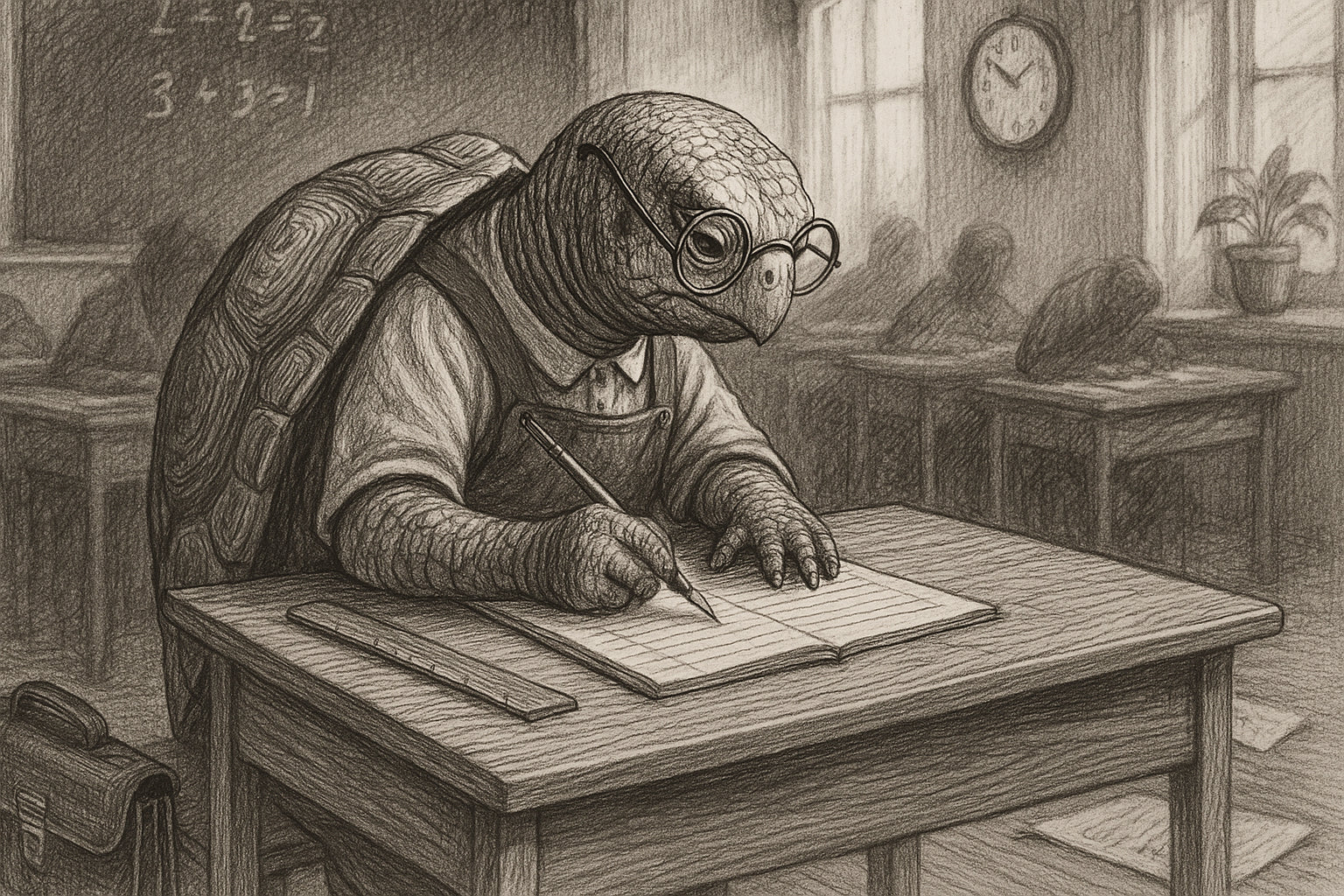 Illustration vintage en noir et blanc d’un enfant-tortue appliqué en classe, évoquant la concentration et la singularité des enfants TSA.