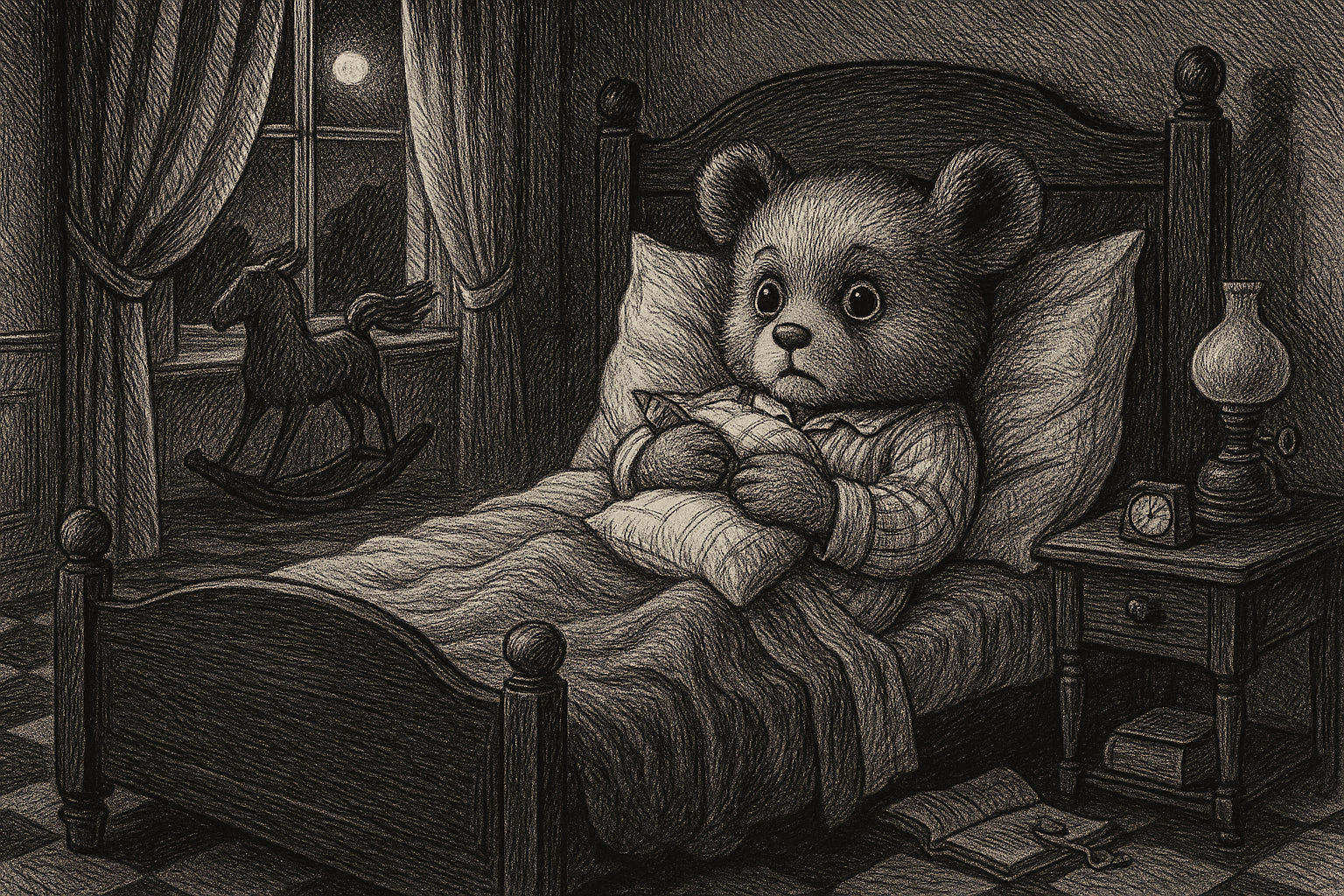 Illustration vintage en noir et blanc d’un ourson en pyjama assis dans son lit, les yeux grands ouverts et serrant son oreiller, symbole des troubles du sommeil enfantins et des peurs nocturnes.